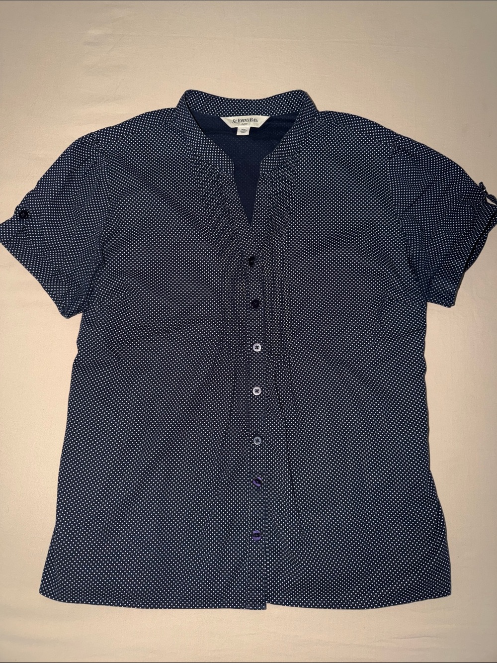 Navy and White Polka Dot Short-Sleeve Button Shirt